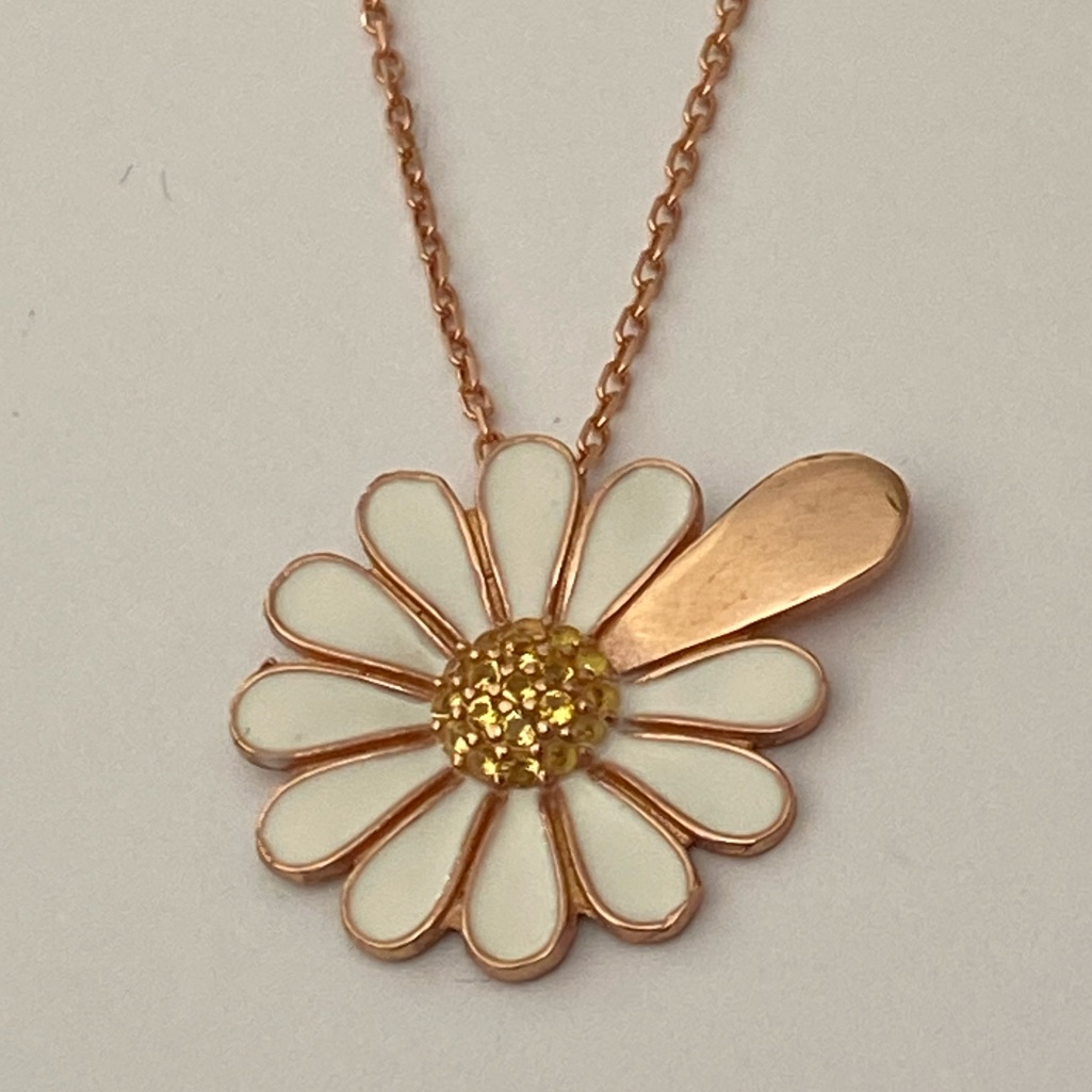 925 Silver Daisy Necklace Cz Initial Handmade Enamel 14k Rose Gold Plated